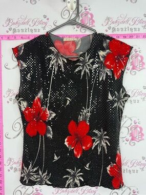 COIN y2k tiki hibiscus 🌺 shiny Red Floral Sequin Black Sleeveless Top